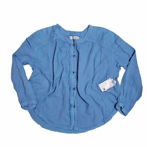 FREE PEOPLE We The Free Moving Mountains Frayed Round Neck Top Blue Womens Small